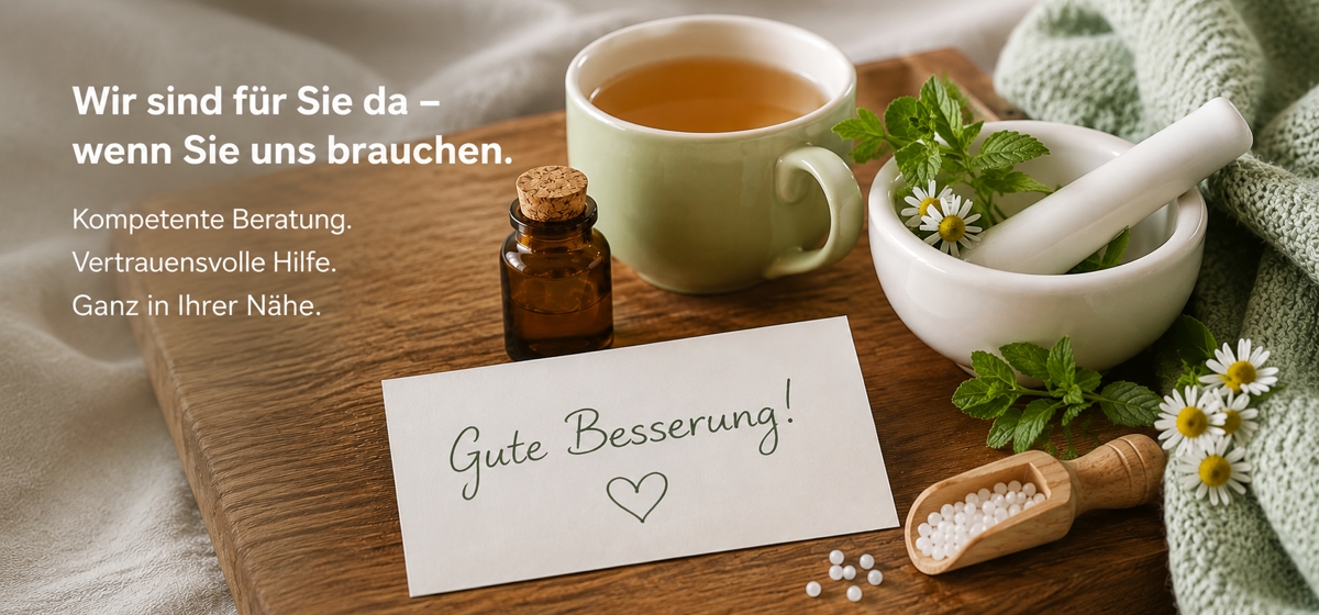 Arrangement von homöopathischen Globuli, einem medizinalfläschchen Tinktur, einer Tasse Heiltee und Heilkräutern