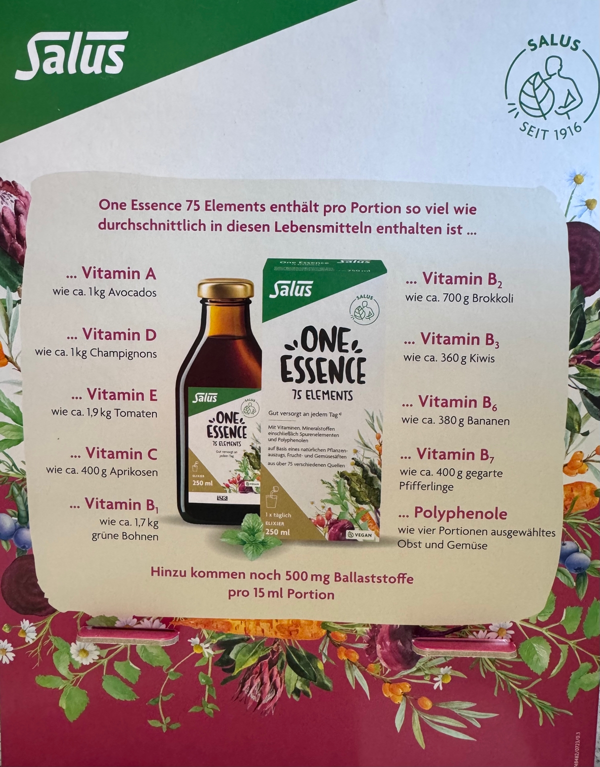 großes Produktplakat zu Inhaltsstoffen und Anwendung von salus one essence 75