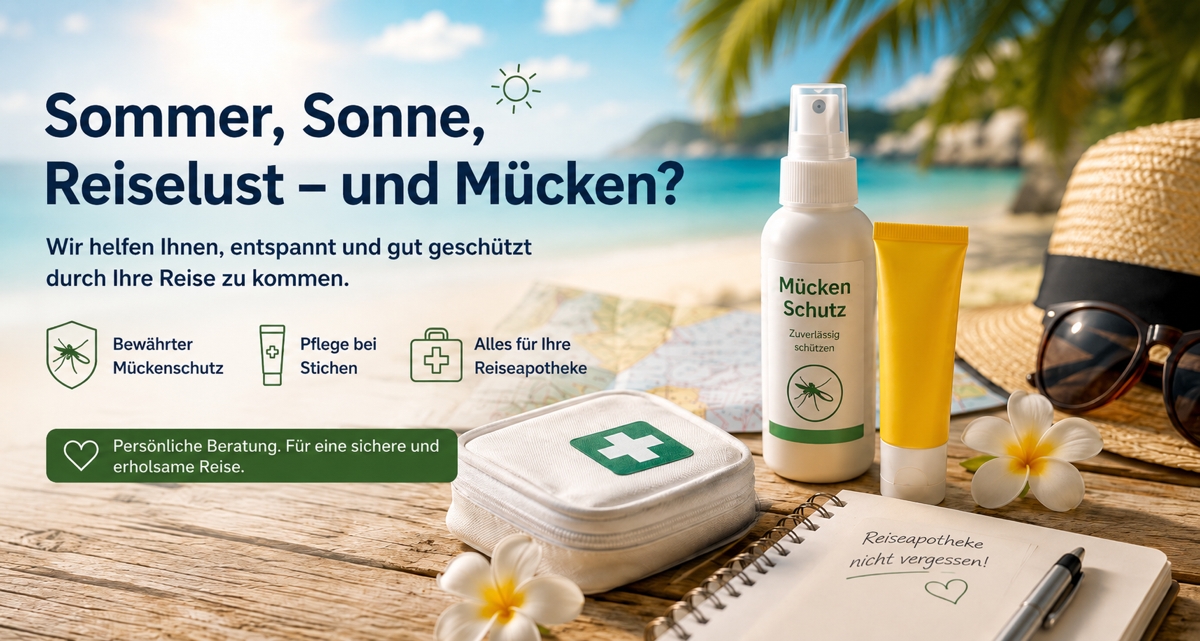 Arrangement von Reiseapothekentasche, Tuben Sonnen- und Insektenschutzmittel, , Strohhut und Sommerbrilleund Notizblock mit Stift vor subtropischer Landschaft